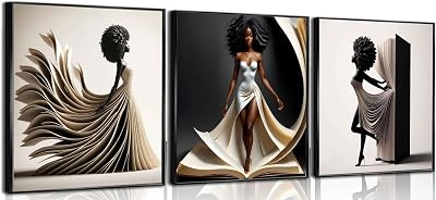 3Pcs Black Girl Canvas Wall Art Black woman Wall Decor Pictures Afro African American Abstract Book Wedding Dress Posters Prints for Bathroom Living Room Bedroom Corridor Decoration 12x12inUnframed