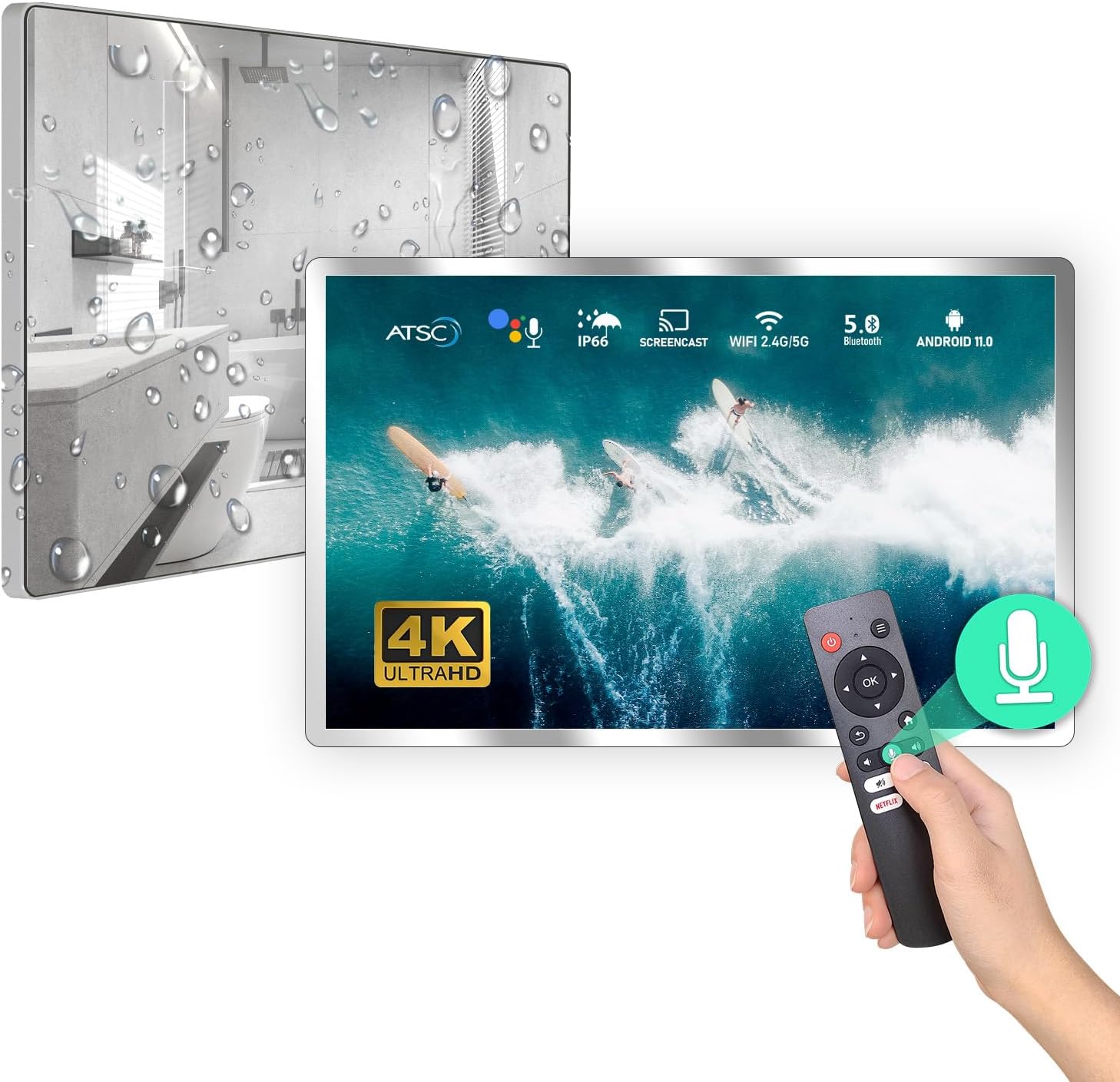 Leotachi 32inch High-end Smart Bathroom Mirror TV - 4K Ultra HD, IP66 Waterproof, Android TV, Voice Remote Control, Built-in DVB-TT2CSS2 Tuner, HDMI ARC, SPDIF, Upgrade Your Bathroom Silver