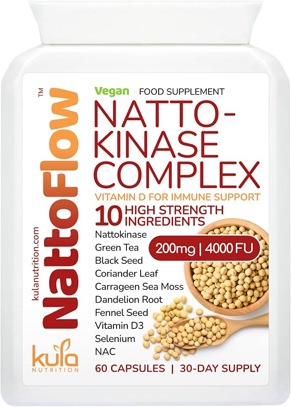 NattoFlow - 200mg 4000 FUs High Strength Nattokinase Complex - 60 Capsules | Vegan Heart Health Supplement plus Black Seed, Sea Moss, Green Tea, Dandelion, NAC, Coriander, Fennel, Selenium, Vitamin D3