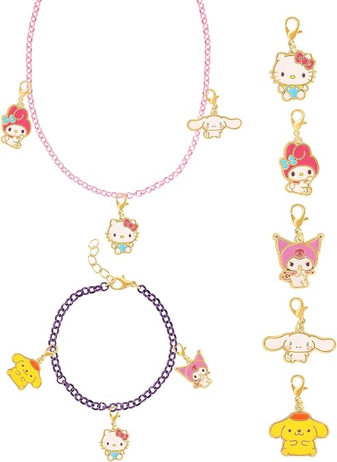 Hello Kitty Sanrio and Friends Charm Bracelet and Necklace Set with 5 (7.5) | Sanrio Charms Official License, Flash Plated