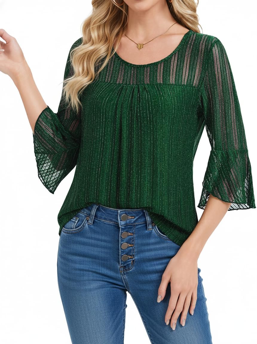 HANERDUN Womens Ruffle 34 Sleeve Dressy Blouses Double Layers Blouses Crew Neck Fashion Tunic Tops
