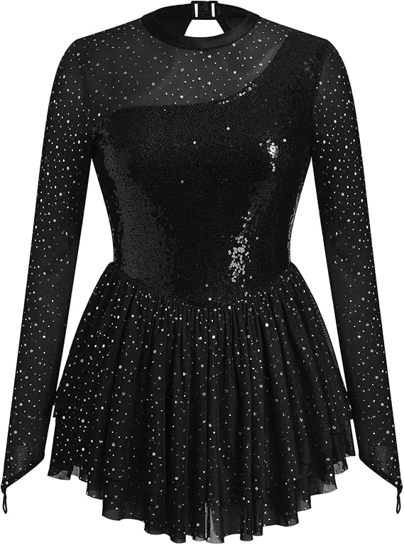 Figure Skating Dress for Women Butterfly Sequin Mesh Sleeve Adult Ice Skater Outfits Rhythmic Gymnastics Chiffon Dress