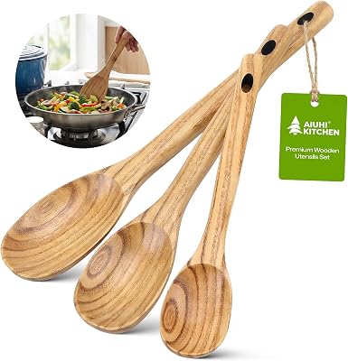 AIUHI 3Pcs Wooden Spoon Set, Different Size Wooden Spoons for Cooking, Wooden Kitchen Utensils Set for Mixing, Serving and Eating