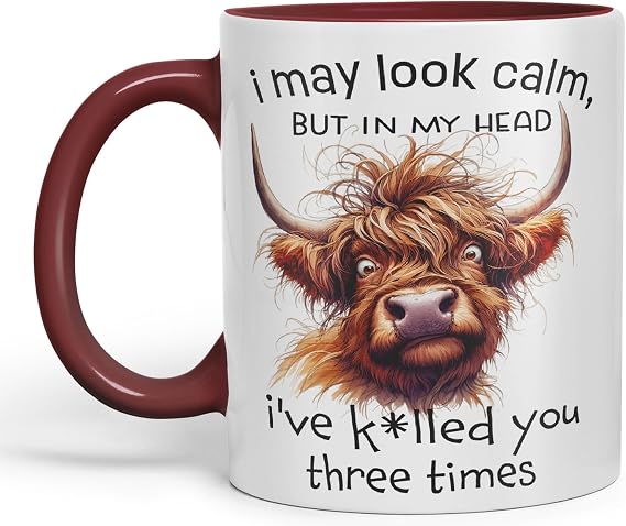 Vixar I May Look Calm, but in My Head I've k*lled You Three Times Highland Cow Joke sarkasm Sarcastic Ceramic Coloured Mug Cup for Tea Coffee Hot Brew 330ml 11Oz Gift (Maroon)