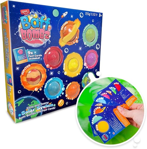 ZIMPLI 9 x Solar System Bath Bombs Gift Set, 9 x Planetary Fact Cards, Kids Educational Planet Toy, Science Kits for Boys & Girls, Bath Toy Birthday Presents, Learning Pocket Money Gifts