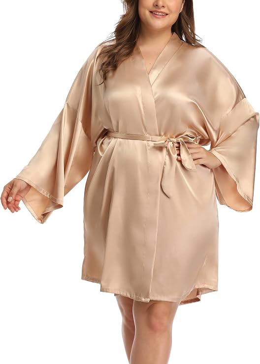 Womens Plus Size Silky Satin Kimono Robes Wedding Party Bridesmaid Sleepwear Bathrobe Dressing Gown