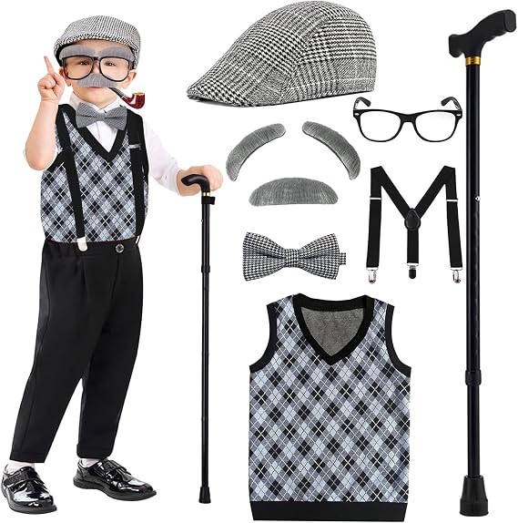 Old Man Costume for Kids Boys 100th 100 Days of School Costume Dress Up 100 Year Old Person Grandpa Costume for Boys
