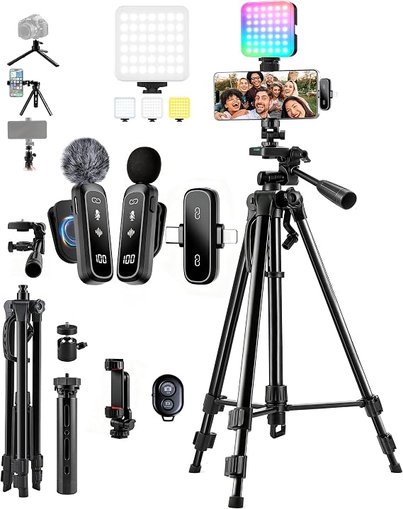 Vlogging Kit for iPhone/Android, TikTok YouTube Starter Kit for Video Recording with Magnetic Wireless Microphone, Full Size Camera Tripod, Table Tripod, RGB Fill Light, Content Creator Essentials