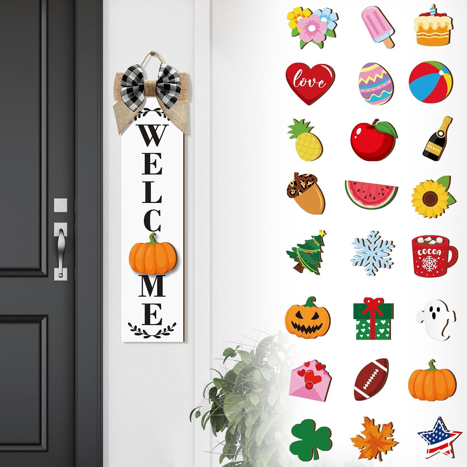 Sintuff Holiday Interchangeable Welcome Sign for Front Door Wood Porch Sign with 24 Pcs Seasonal Icons Home Farmhouse Welcome Outdoor Seasonal Icons Halloween Festival DecorationWhite,15.8 Inches