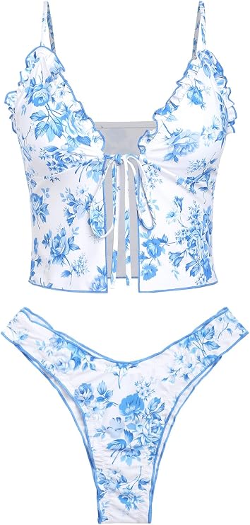 Womens Tankini Set Tie Front Bikini Set High Cut Swimsuit Cheeky Bathing Suit