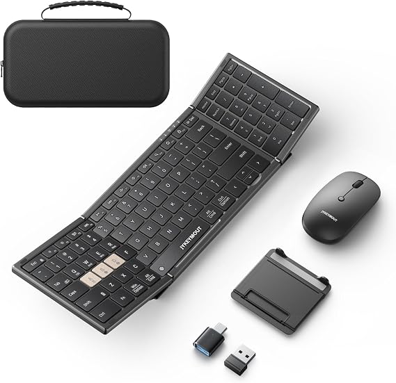 JYKEYMOUT Foldable Keyboard and Mouse Set, USB A+Type C+Bluetooth1&2(4-in-1)Wireless Connection, Portable Full-Size Folding Rechargeable Design with Keyboard Lock for Home/Office/Business Travel-Black