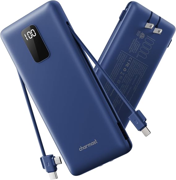 charmast 10000mAh Portable Charger with Built-in Cables and AC Wall Plug