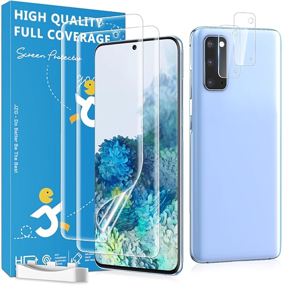 JZG 2 Pack Screen Protectors for Samsung Galaxy S20 with 2 Pack Camera Lens Protectors, Flexible Film, Ultrasonic Fingerprint Compatible, Full Coverage, No Edge Lifting