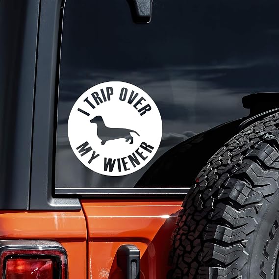 I Trip Over My Wiener Dog Dachshund Decal Vinyl Sticker Auto Car Truck Wall Laptop | White | 5.5" x 5.5"