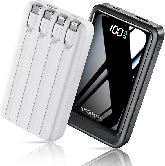 2 Pack 10000mAh Power Bank with 4 Built-in Cables for iPhone Android