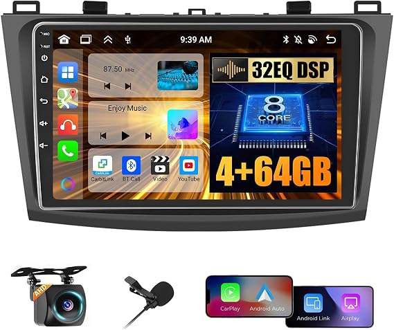 Hikity 8 Core 4+64GB for Mazda 3 2010-2013 Android Car Stereo Wireless Carplay, 9 Inch IPS Touchscreen Car Radio with Carplay Android Auto GPS Navigation WiFi Bluetooth DSP FM RDS + AHD Backup Camera