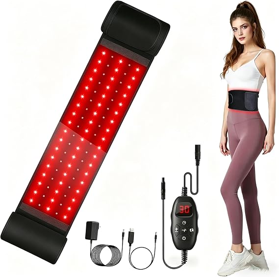 Red Light Belt with 105 LEDs, Timer Function, 5 Brightness Levels, 660 nm and 850 nm, Suitable for Waist/Back/Shoulders and Other Body Parts.