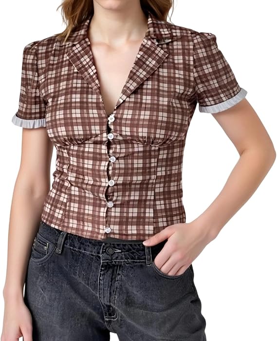 Women Plaid Summer Blouse Slim Fit Lapel V Neck Short Sleeve Button-up Casual Tops