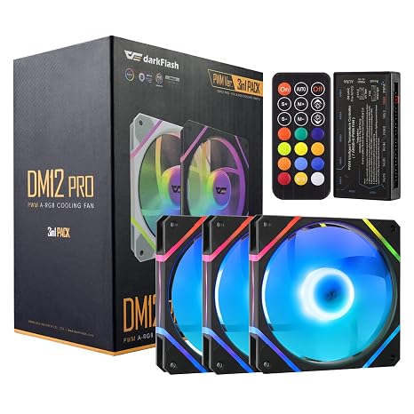 darkFlash 3-Pack 120mm PC Case Fans with Controller Hub & Remote, PWM ARGB Sync, Addressable RGB Cooling Fans for Computer Case & High Airflow(DM12PRO) (Reversed, Black)