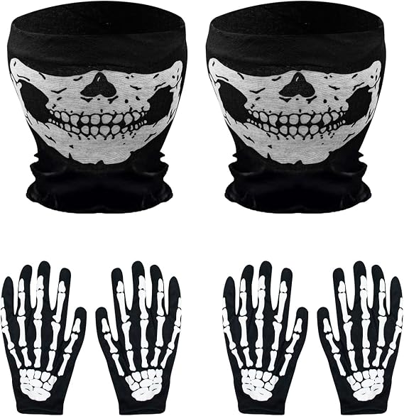 White Skeleton Gloves and Skull Face Mask Full Finger Ghost Bones Gloves for Adult Halloween Cosplay Dance Costume Party