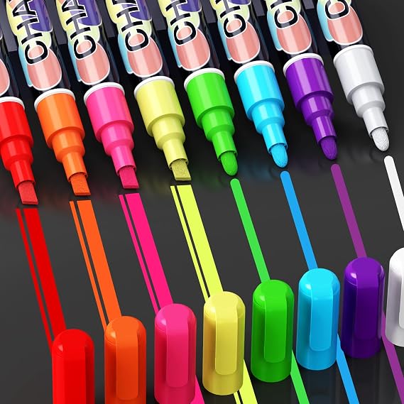 Liquid Chalk Markers Pens - 8 Colors Washable & Wet Erase Neon Chalk Makers for Blackboard, Chalkboard Signs, Glass Window, Menus, Car Windows & Event Decorations - Erasable Window Markers for Cars