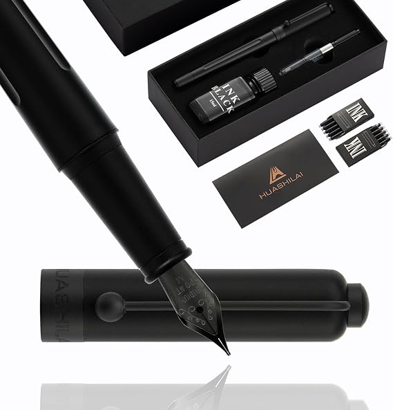 Luxury Matte Black Forest Fountain Pen Set,Titanium Black Extra Fine and Medium Nibs,Includes 2 Ink Converters,10 Ink Cartridges,15ml ink,Premium Gift Case for Calligraphy (Medium Nib)