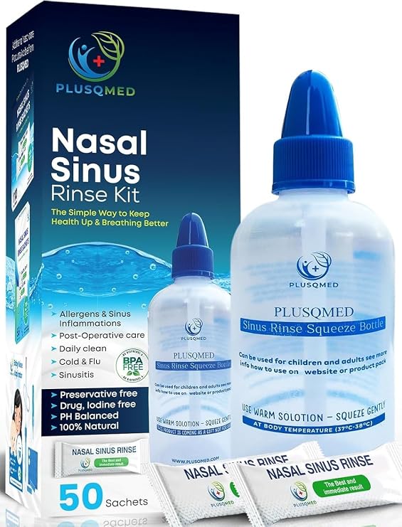 Sinus Rinse Kit, Squeeze Bottle, Neti Pot,+ 50 Salt sachets, Original Plusqmed,Nasal wash, Sinus Rinse, Adults, Children