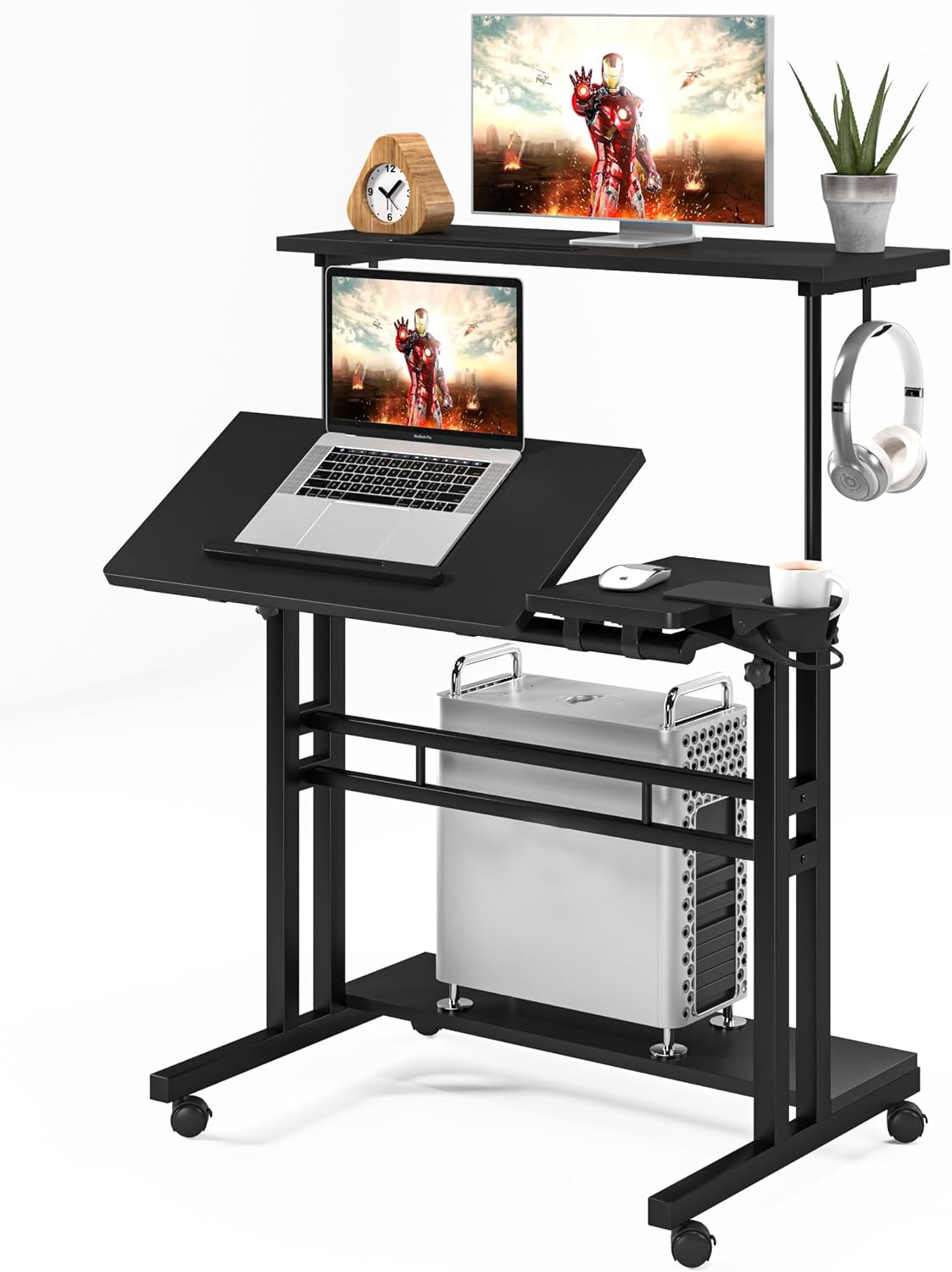Mobile Stand Up Desk with 3 Desktops