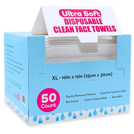 Elizabeth Mott Thank Me Later Disposable Face Towels, 50 Count | 100% Biobased Face Towels, Ultra-Soft, Lint-Free, Extra Absorbent, For Cleansing & Makeup Removal, Sensitive Skin-Friendly