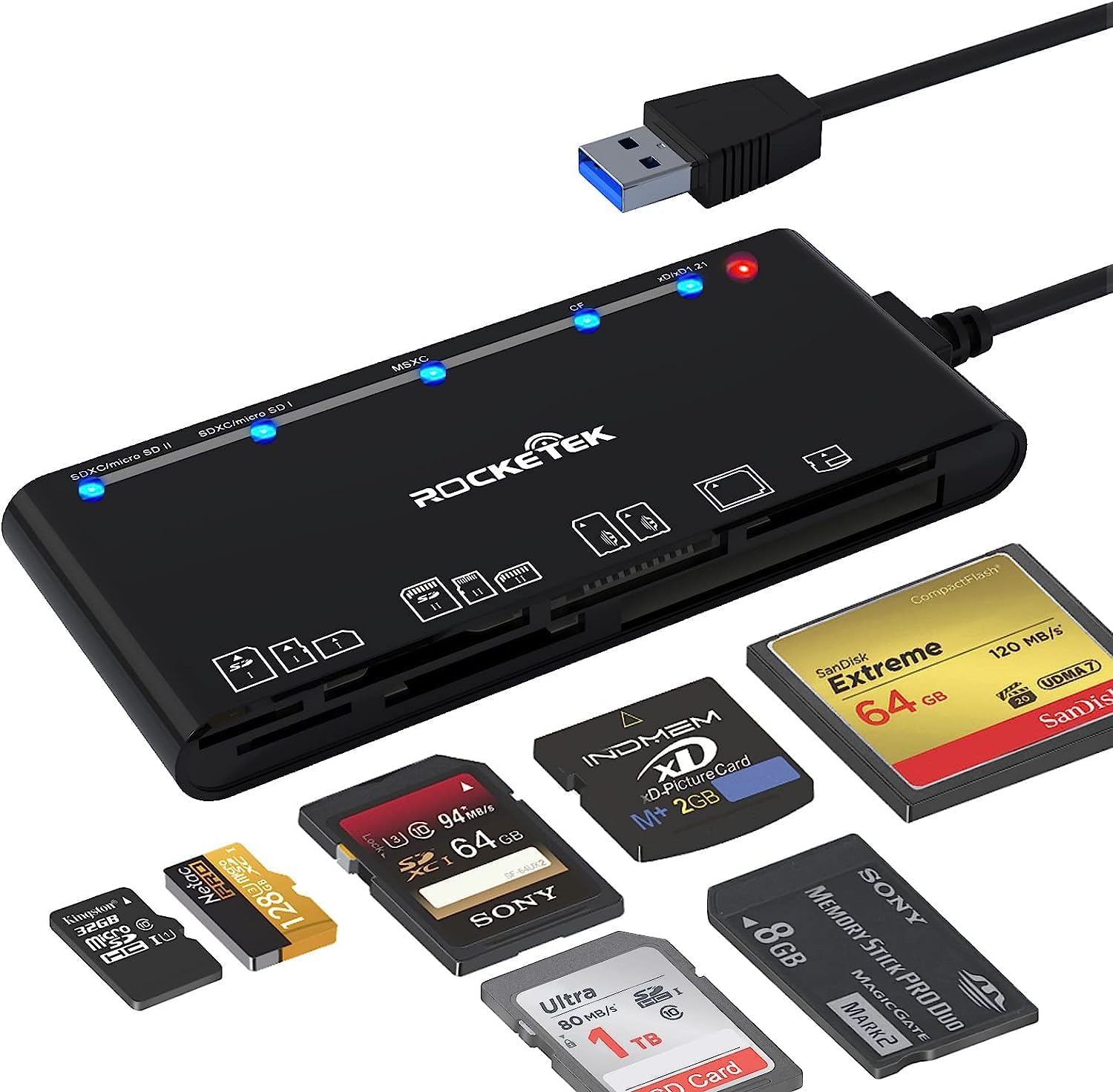 Card Reader USB 3.0, Rocketek 7 in 1 Memory Card Reader, USB 3.0 5Gps High Speed CFSDTFXDMSMicro SD Card Solt All in one Card Reader for Windows XPVistaMac OSLinux,etc1