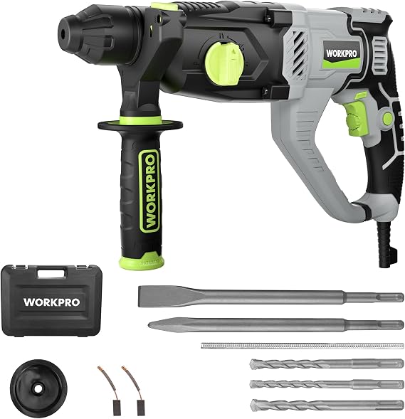 WORKPRO 1-1/4 Inch SDS-Plus Rotary Hammer Drill, 7.5AMP, Lightweight Corded Version for Concrete Demolition Chipping Rotomartillo, 5 SDS-Plus Bits
