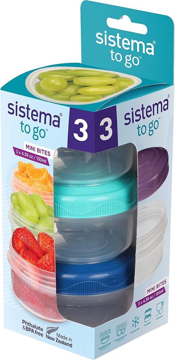 Sistema Snack Pots, Mini Bites TO GO Food Storage Containers, 130 ml, Stackable Snack Boxes with Lids, BPA Free, Pack of 3