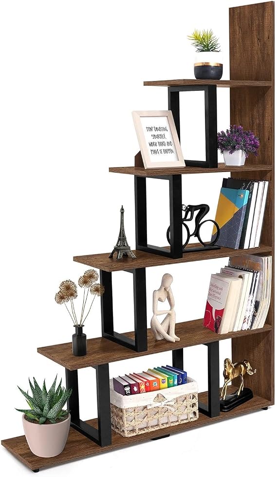 Metal Wooden Bookcase Decorative 5 Shelves Office Bookcase Book File Shelf Flower Holder Shelf Decoration
