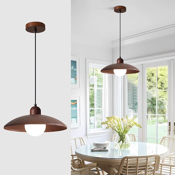 Rustic Farmhouse Pendant Light Metal Dome Pendant Light Fixture with Wood Grain Finish Hanging Lighting for Kitchen Island Dining Room(Metal Shade)