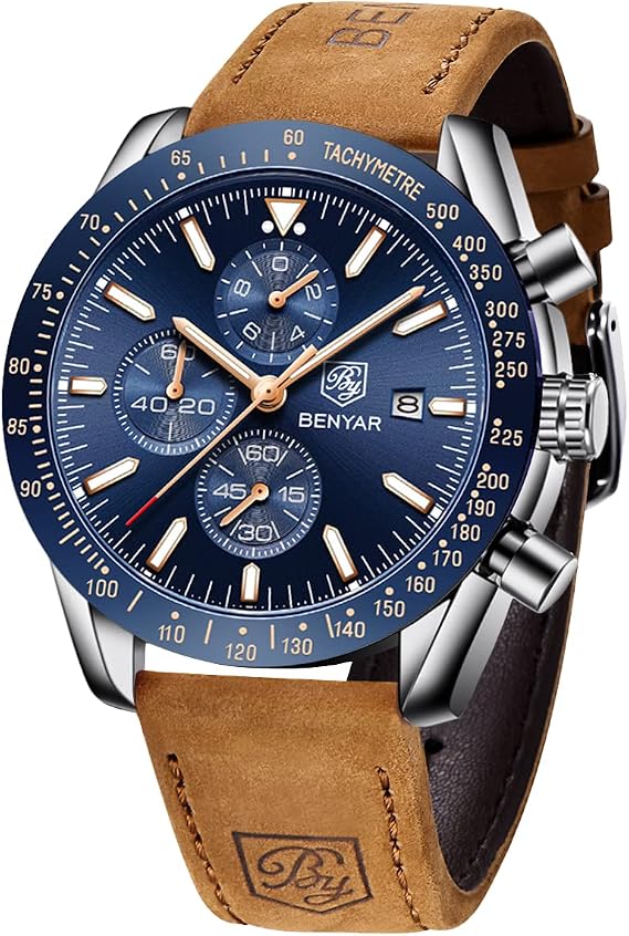 Benyar Men's Analogue Watch Quartz Chronograph 30 m Waterproof Luminous Date Function Casual Business Designer Watch Classic Elegant Gift
