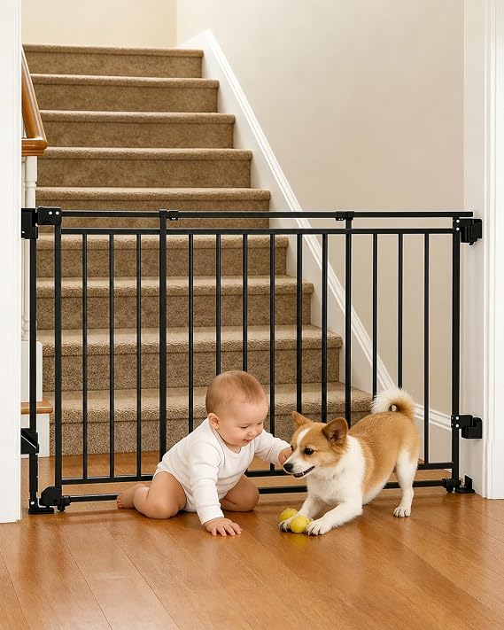 dearlomum Extra Wide Baby & Dog Gate, 32-54 in W, 29 in H, Hardware Mount | For 32-54 in openings; auto-close, one-hand use, two-way swing and no bottom bar. Drill-mounted for stairs and doorways.