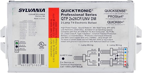 Sylvania QTP2x26CF/UNV-DM Compact Fluorescent Ballast, 2-Lamp, T4, CFL, 120/277V