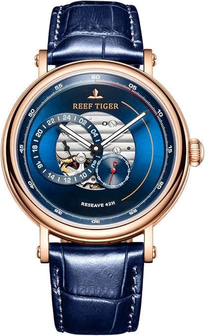 REEF TIGER Luxury Brand Men Designer Watches Blue Reserve Automatic Watch Leather Strap RGA1617