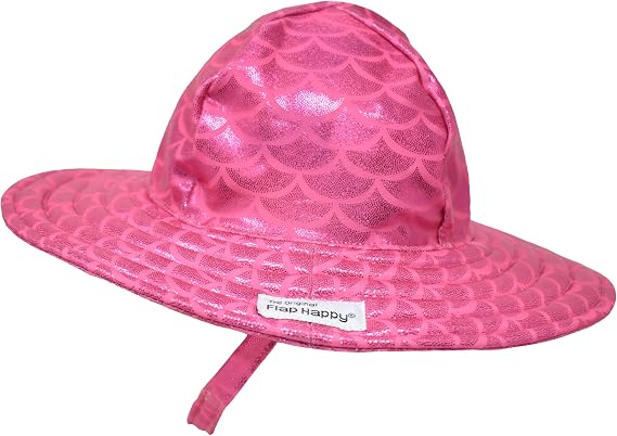 Flap Happy Summer Splash Swim Hat for Baby, Toddler & Kids - UPF 50+ Sun Protection, Lightweight Bucket, Wide Foam Brim - Shiny Pink Scales, X-Large