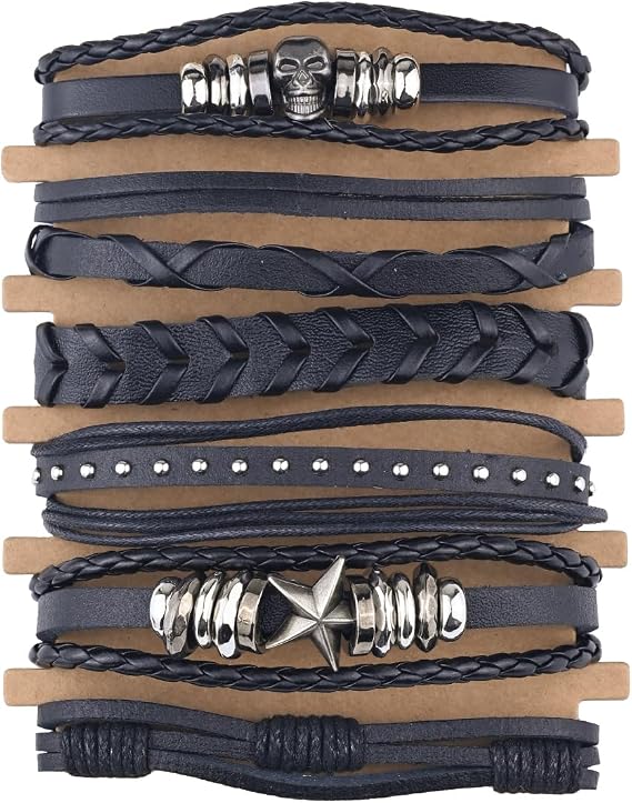 6Pcs Punk Leather Bracelets Set for Women Men,Black Skull Adjustable Braided Wide Wristband,Unisex Rock Cuff Wrap Bracelets Jewelry Accessories