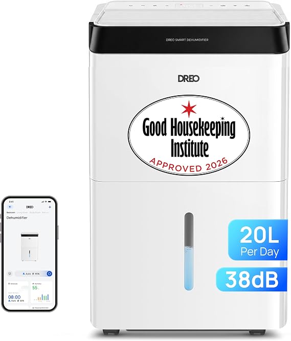 Dreo 20L/day Smart Dehumidifier Low Energy, 38dB Quiet, Laundry Dry, Whole House, Humidity Sensor & Display, 24H Timer, Large Room Auto, 3 Speed, Humidity Control, Good Housekeeping Institute Approved