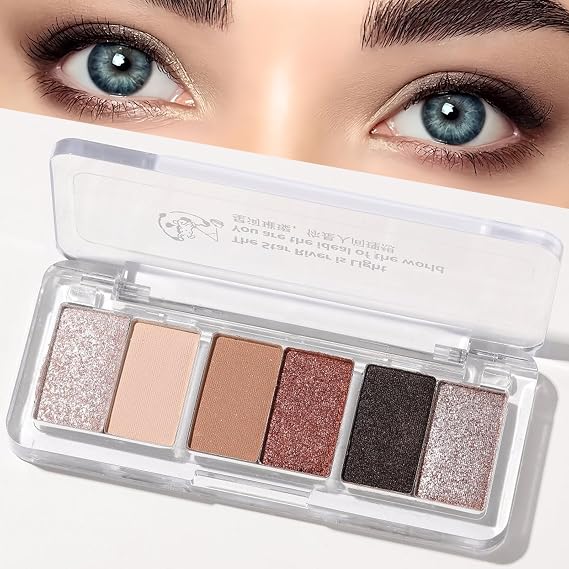 Brown Eyeshadow Palette 6 Colours - Warm Nude & Smokey Matte Shades with Silver Glitter, Highly Pigmented Blendable Eyeshadow Palette for Day to Night Makeup