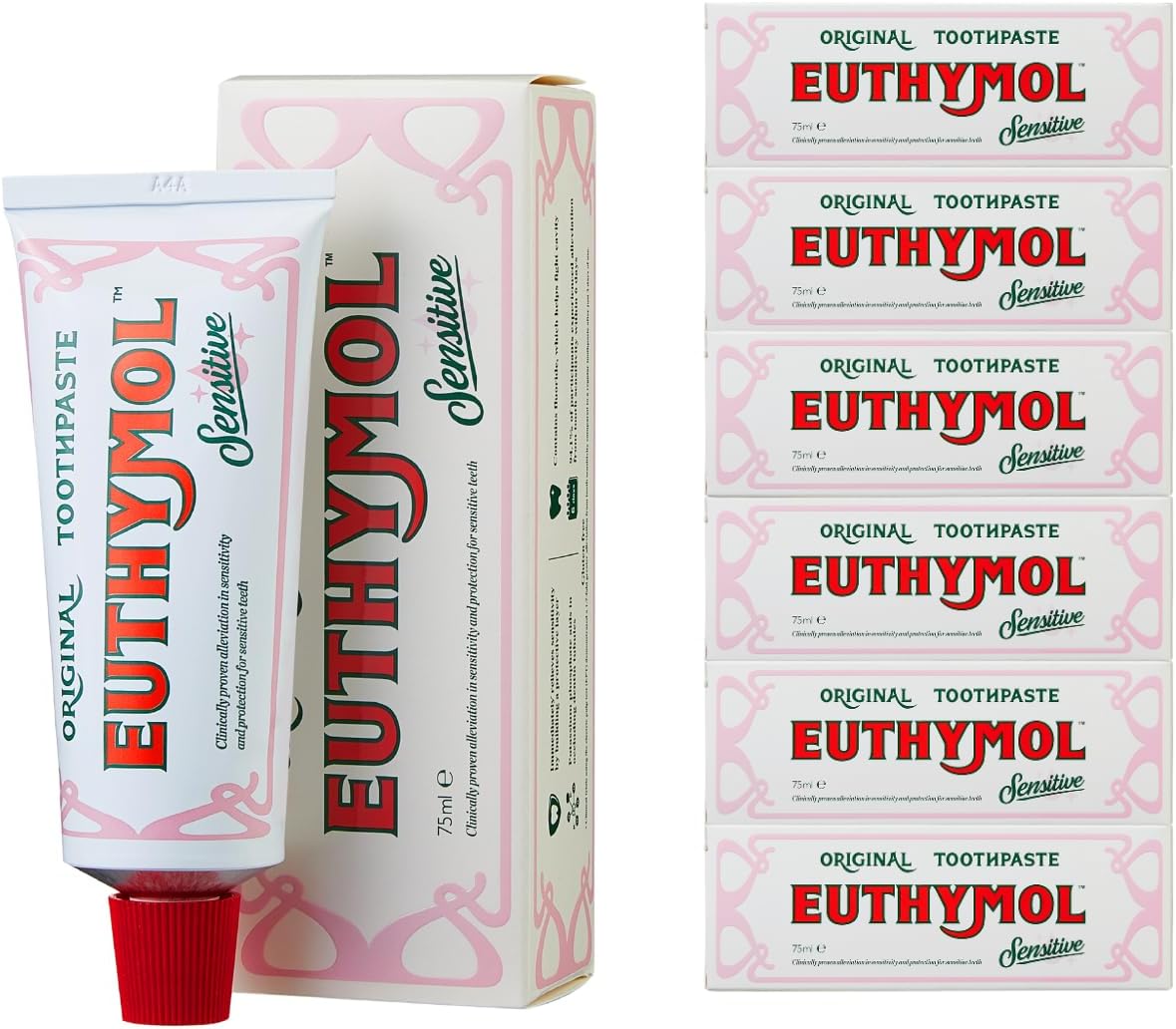 Euthymol Sensitive Toothpaste 75ml x 6,Fluoride Toothpaste for Sensitive Teeth, Plaque Removal, Cavity Protection, Antibacterial, Gluten-Free, Thymol & Menthol, Freshens Breath,Gentle Dental Care