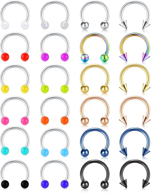 Mayhoop 20G 24Pcs Stainless Steel Horseshoe Nose Septum Rings Piercing Jewelry Cartilage Helix Tragus Earring Hoop Lip Horseshoe Piercing Retainer for Women Men 8mm 10mm