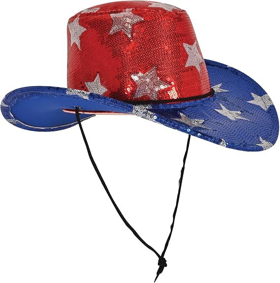 Beistle Fabric Sequined Patriotic Cowboy Hat, Chin Strap for 4th of July Party, Labor Day Celebration, Red White and Blue for USA Events, Adult Size