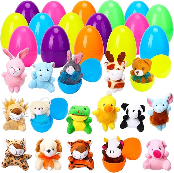 ThinkMax 16 adet Paskalya yumurtası, mini peluş hayvanlarla doldurulmuş oyuncak paskalya sepeti dolguları/dolguları, paskalya yumurtaları avı, paskalya partisi hediyesi