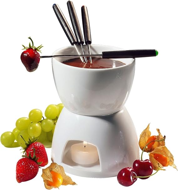 Cilio Chocolate Fondue Set - 5-Inch by 10-Inch, White Porcelain - Fondue Pot Set with Tea Light & 4 Color-Coded Forks, Smores Kit & Chocolate Warmer