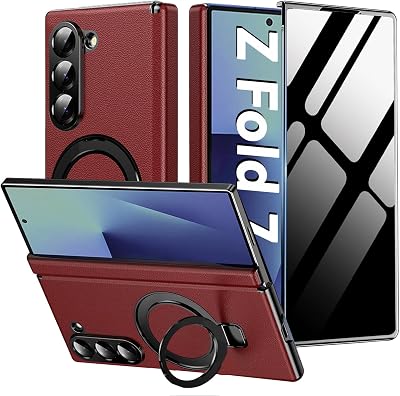 Case for Samsung Galaxy Z Fold 7,Luxury Premium Leather Phone Case with Privacy Screen&Hinge Protection& Magnetic Kickstand,Slim Shockproof Protective Cover for Galaxy Z Fold 7 2025,Red