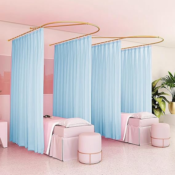 U-Shape Privacy Curtain Room Divider, Metal Support Wall Mounted Curtains, Modern Area Separator Screen, Gold Rod, for Hospitals, SPA, Beauty Salons, Fitting Room,Blue,47in