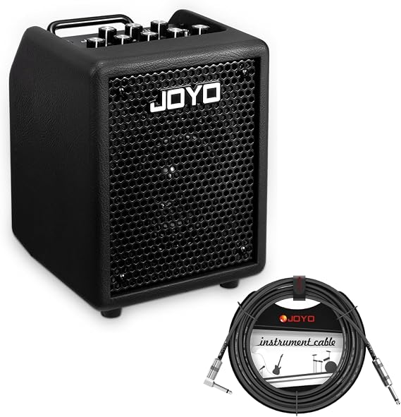 JOYO 30W Bass Amp Portable Combo Amplifier 3-Band EQ & Compressor | Bluetooth + OTG Direct Recording with 15ft Bass Guitar Cable 1/4 Inch Right-Angle Amp Cord (Vibe Cube BA-30, Black & CM-12)